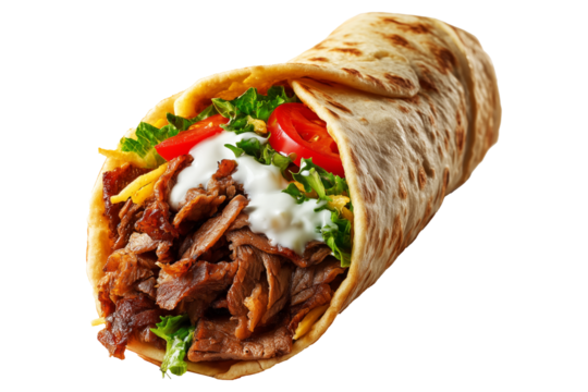 Grilled doner kebab wrap filled with sliced meat, lettuce, tomato, and sauce, captured isolated on white background. Arabic food