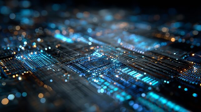 Complex electronic circuit board illuminating with blue and orange lights, representing advanced technology and innovation in computer science