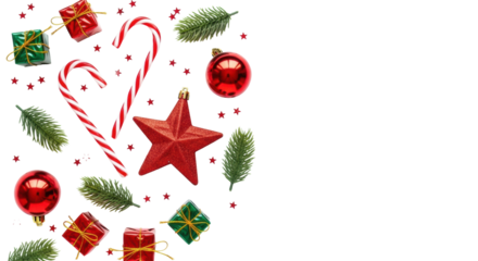 Red & white candy canes, glitter red star, shiny baubles, red & green gifts, pine sprigs, confetti on transparent, copy space, soft light. Festive Christmas flat lay concept