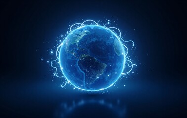 Luminous blue Earth globe with radiant lines and sparkling data points, symbolizing global digital connectivity and futuristic networks.