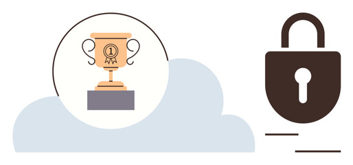 Golden trophy on podium within cloud shape represents achievement. Adjacent padlock symbolizes security. Ideal for cloud storage, data safekeeping, digital success, cybersecurity, achievement