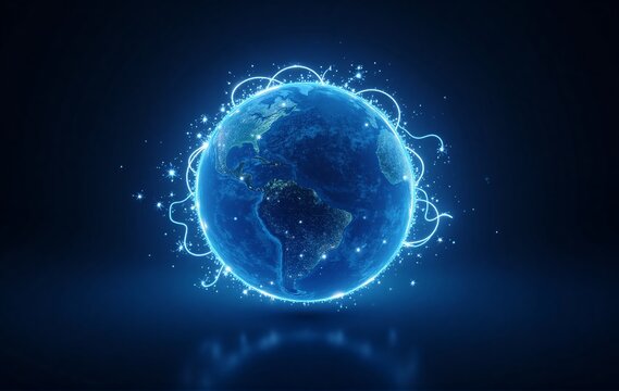 Luminous blue Earth globe with radiant lines and sparkling data points, symbolizing global digital connectivity and futuristic networks. - Powered by Adobe