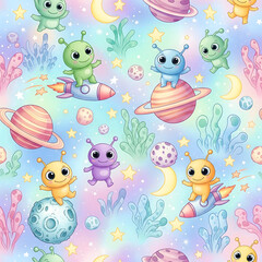 Obraz premium Planet Hopper Pals – Cute Alien Seamless Pattern 