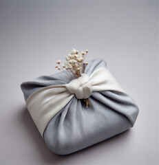 Elegant Korean Gift bojagi Wrapped in Gray Silk with Off-White Bow