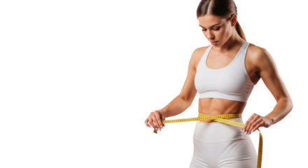Toned young caucasian woman in white sports bra, measuring waist with yellow tape on pastel pink backdrop with copy space, concept of fitness and personal health goals