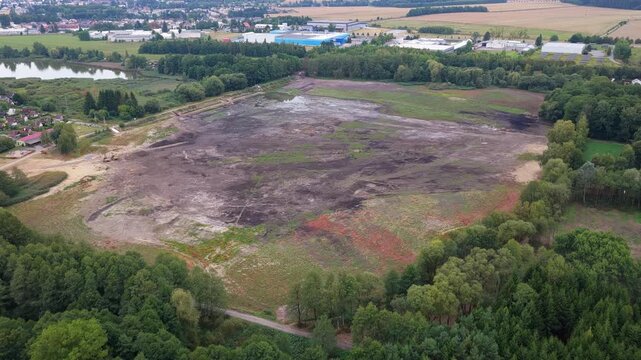 The drained Rosnička pond in Svitavy. Drone view of the revitalization process. Czech Republic