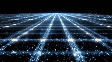 Futuristic grid glowing in the dark with particles floating around, creating a mesmerizing technological landscape perfect for any project related to innovation and the future