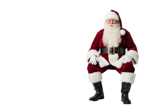 Elderly caucasian man Santa Claus in deep red velvet suit with white fur trim, sitting on white surface against transparent background with copy space, smiling, Christmas holiday promotion concept