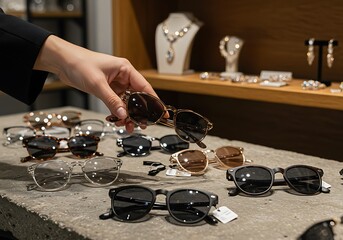 A hand selects stylish sunglasses from a diverse display of modern eyewear in a retail store.