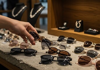 A hand selects stylish sunglasses from a diverse display of modern eyewear in a retail store.