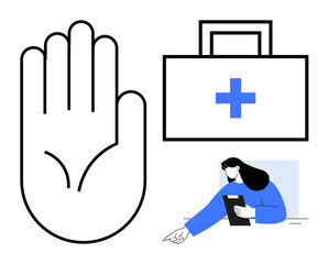 Hand gesture beside a medical case with a cross and a woman pointing while holding a clipboard. Ideal for healthcare, aid, consultation, first aid, support, teamwork, simple landing page