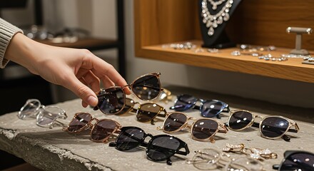 A hand selects stylish sunglasses from a diverse display of modern eyewear in a retail store.