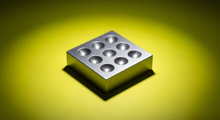 Aluminum Block Mold with Cavities on Yellow Background, Metal Object