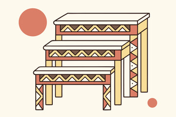 Three Tiered Wooden Display Stands with Geometric Patterns tiered shelves wooden furniture