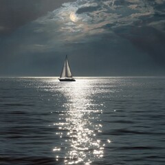 Obraz premium Tranquil Evening Sail on a Calm Ocean Under Moonlit Sky