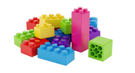 Obraz premium Vibrant, colorful plastic building blocks scattered on a transparent background with copy space, one pink brick stands upright, green one shows underside, studio lighting, educational play concept