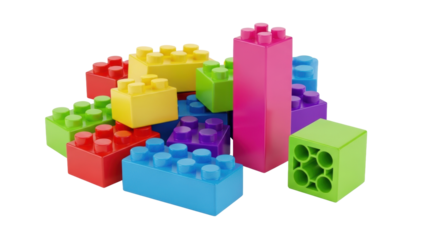 Vibrant, colorful plastic building blocks scattered on a transparent background with copy space, one pink brick stands upright, green one shows underside, studio lighting, educational play concept