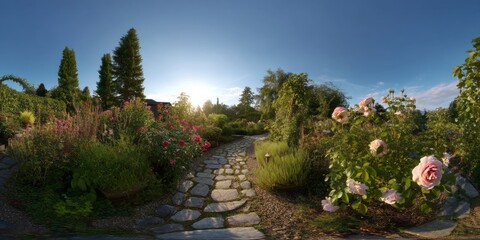Fototapeta premium Panoramic rose garden walk hdr nature landscape