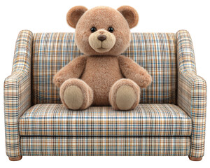 Teddy bear plush toy brown sitting fabric sofa plaid home decor cute cozy living room