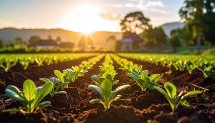 Agricultural Vista: rows of crops under the sun's radiant glow in the countryside