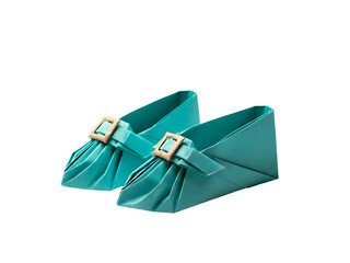 Pair of Teal Geometric Paper Origami Shoes Isolated on Transparent Background with Tan Buckle Detail and Folded Design Fashion Accessory Concept