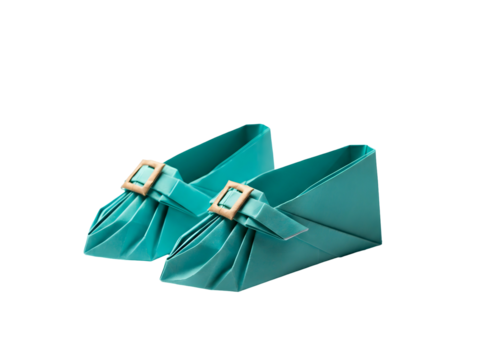 Pair of Teal Geometric Paper Origami Shoes Isolated on Transparent Background with Tan Buckle Detail and Folded Design Fashion Accessory Concept