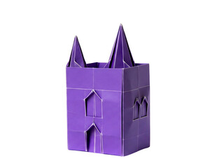 Purple Origami Castle Tower Structure Against Black Background and Isolated Transparency With Two Pointed Spires and Rectangular Body and Paper Craft