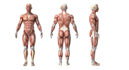Three hyperrealistic 3D human male muscular systems (front, back, side views) with detailed muscles, tendons, skull, on bright white studio background, educational medical illustration of human