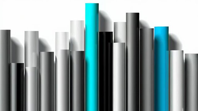 Business data visualization with 3D cylindrical bars dynamically growing in blue, gray, black, showing financial performance and market progression on crisp white backdrop