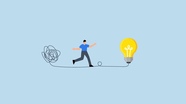 Simplify idea to find solution, businessman is leaving behind a chaotic mess and heading towards a simple idea represented by a lightbulb