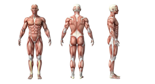 Three hyperrealistic 3D human male muscular systems (front, back, side views) with detailed muscles, tendons, skull, on bright white studio background, educational medical illustration of human