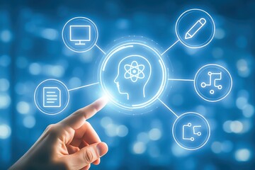 Human Finger Touching Digital Brain Icon Symbolizing Artificial Intelligence and Machine Learning Advancements in Technology and Education