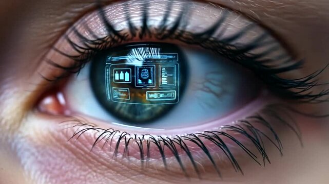 Close-up of a human eye reflecting a futuristic digital interface with data and technology