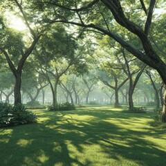 A serene park bathed in morning sunlight, showcasing lush greenery and the gentle shadows cast by towering trees.