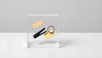 Conceptual art piece of miniature stationery objects, including a tiny stapler, correction tape, and sticky notes, floating in a clear resin cube, displayed in a modern art gallery.