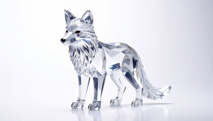 Fototapeta premium Render a clear faceted crystal fox figurine in standing pose with head turned slightly, isolated on white background, emphasizing elegance, craftsmanship, and lifelike animal-inspired design.