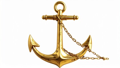 Render a golden anchor with two curved flukes and a chain wrapped around the shank, isolated on white background, emphasizing maritime symbolism, strength, and classic nautical design.