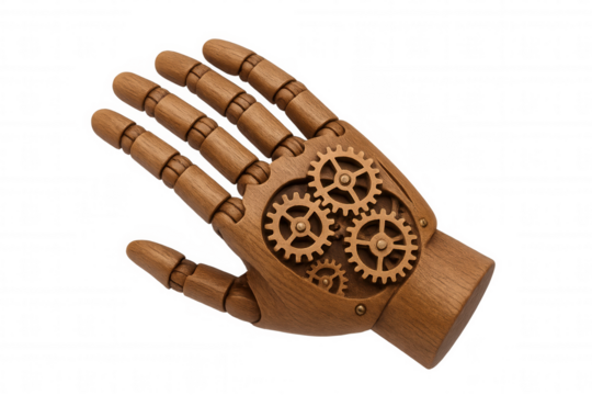 Intricate wooden hand with exposed gears, showcasing the complex mechanics within, isolated on a transparent background