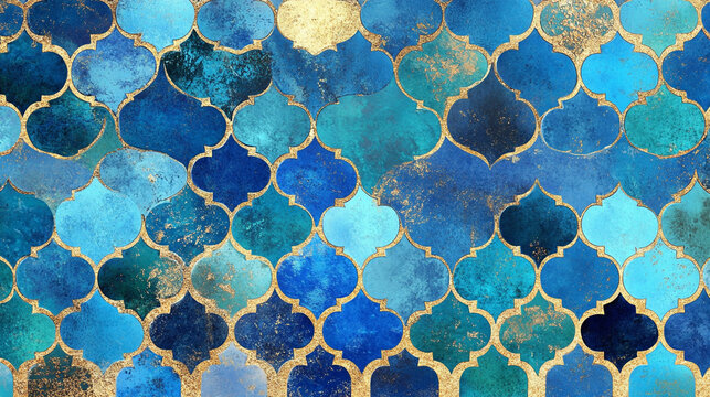 Blue and gold quatrefoil pattern textured background design art
