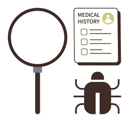 Magnifying glass beside medical history chart and bug, emphasizing research, diagnosis, and problem-solving. Ideal for healthcare, cybersecurity, investigation, inspection, science diagnosis simple