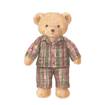 Watercolor teddy bear in plaid pajamas, vintage toy, Christmas gift