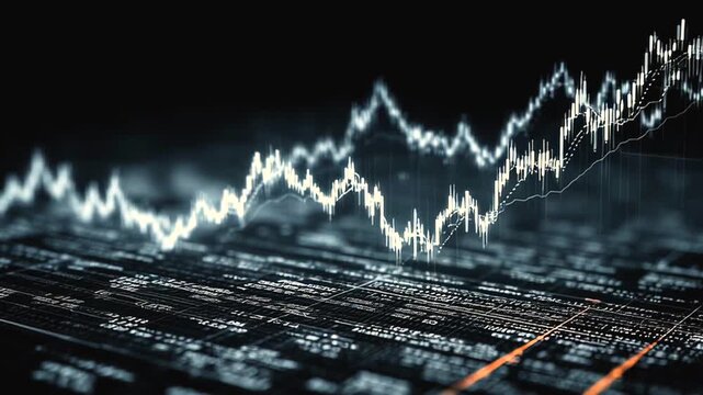 White lines representing stock prices fluctuate on a dark digital display, with rows of figures and an orange line below, creating a dynamic visualization of market trends