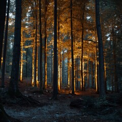 Naklejka premium Enchanted Forest with Golden Light Streaming through Tall Trees