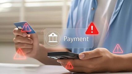 Online payment security warning: Person holding credit card and smartphone with error icons for failed transaction or fraud.