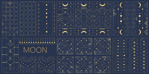Collection of celestial and geometric patterns featuring moons stars and diamonds on a deep blue background