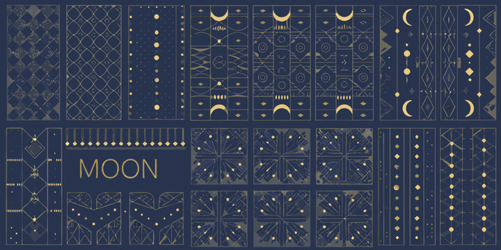 Collection of celestial and geometric patterns featuring moons stars and diamonds on a deep blue background
