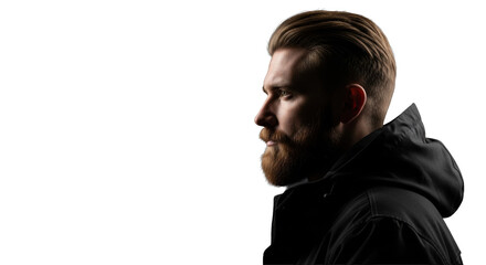Young caucasian man with beard, short blonde hair, dark hooded jacket, stoic gaze left on deep black background, high-contrast cinematic lighting. Concept of inner strength