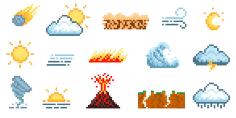 Pixel cataclysm and weather conditions icons. 8 bit retro elements, vintage video game, app, web assets, thunderstorm, wind, fires and drought, sun and moon qualitative vector isolated set