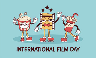 Groovy cinema characters poster. Funny popcorn, cute soda drink and film tape with faces, hands and feet, retro mascots, banner vintage style, movie advertising, garish vector concept