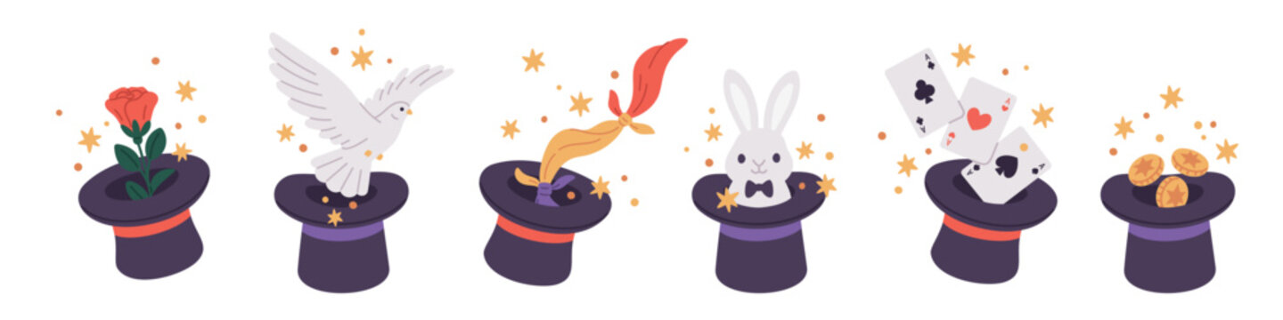 Magic cylinder tricks. Different illusionist top hat performing, disappearing and reappearing objects, surprise stunts, rabbit, dove and cards cartoon flat isolated garish vector set